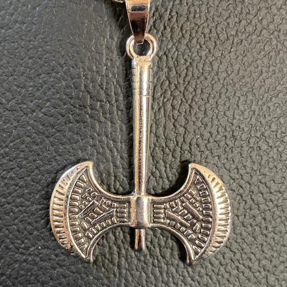 Double Axe Pendant Silver Tone Necklace about 23 inch chain stainless steel